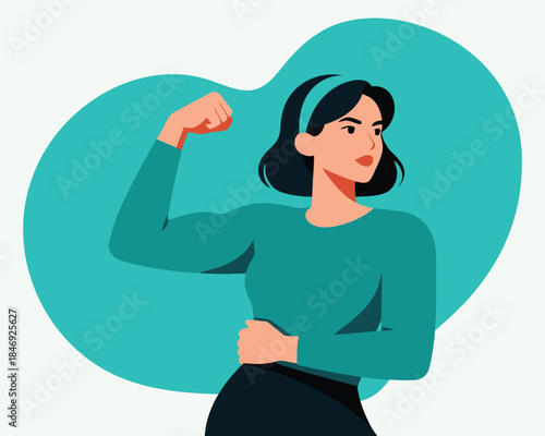 Confident woman flexing her arm in a green shirt and black skirt on a green background