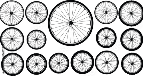 Bicycle wheel collection line illustration set showing different tire types, spokes and rims isolated on white background