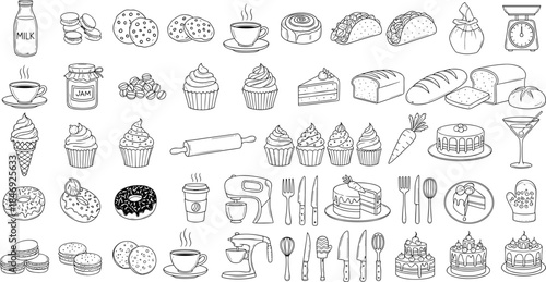 Bakery and dessert hand drawn line icon set featuring cakes, cupcakes, coffee, bread, sweets and kitchen utensils illustration