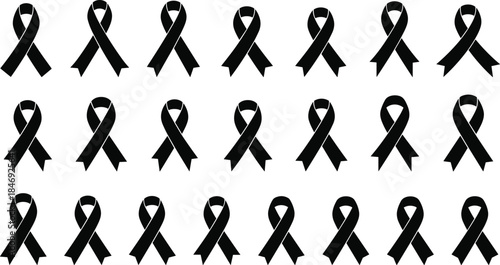 Black awareness ribbon silhouettes collection representing mourning remembrance support and solidarity symbols isolated on white background for social and memorial design