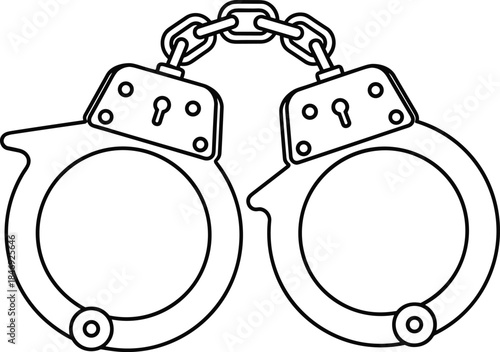 Black Outline Vector Drawing of Interlocked Metal Handcuffs with Keyholes and Chains, Symbolizing Crime, Arrest, Justice, Law Enforcement, Police, Security, and Freedom Restriction.