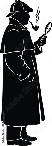 Black silhouette of a classic detective with magnifying glass and smoking pipe isolated on white background for mystery design concepts