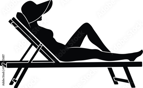 Black Silhouette of a Woman in a Sun Hat Relaxing and Sunbathing on a Beach or Deck Chair, Representing Vacation, Rest, and Leisure Time