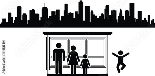 Family waiting at city bus stop with urban skyline silhouette, public transportation concept, daily commute, city life illustration