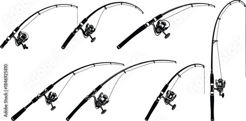 Fishing rod and reel silhouettes collection showing spinning rods in different angles and actions isolated on white background for outdoor sport design