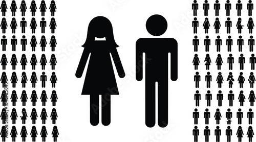 Gender population infographic icon set showing male and female symbols, demographic distribution, equality concept and people statistics visualization