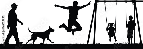 Happy family silhouette in park with father jumping, children playing on swing, dog walking, outdoor leisure and childhood joy concept