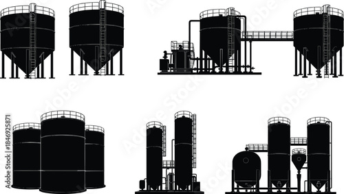 Industrial storage tank silhouettes set showing chemical plant equipment, silos, pipelines and refinery infrastructure isolated on white background