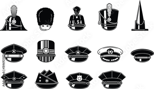 Military and police headwear silhouettes collection showing historical army helmets officer caps and uniform hats isolated on white background