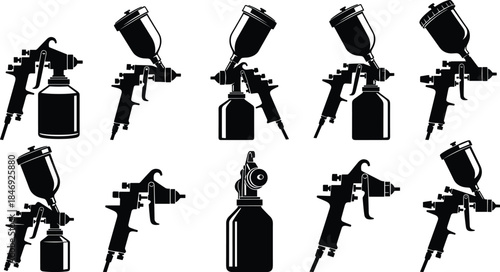 Paint spray gun silhouettes collection showing professional airbrush and spray painting tools with paint cups isolated on white background