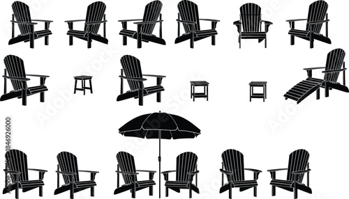 Set of Adirondack chair silhouettes with side tables, footrests, and patio umbrella showing outdoor furniture collection isolated on white background