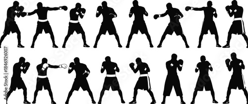 Set of boxing fighter silhouettes showing different punching stances and combat poses isolated on white background for sports design