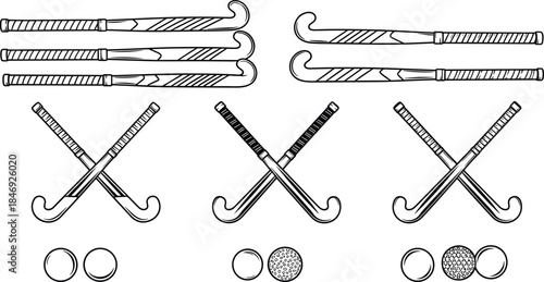 Set of field hockey stick and ball line art silhouettes showing crossed sticks and equipment icons isolated on white background