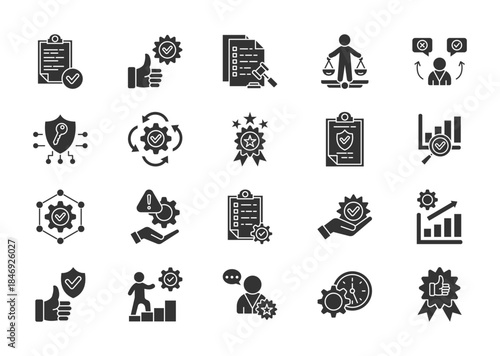Best practices thin glyph icon set. Containing guidelines, consistency, compliance, ethics, accountability, safety, procedures, quality, methodology, optimization