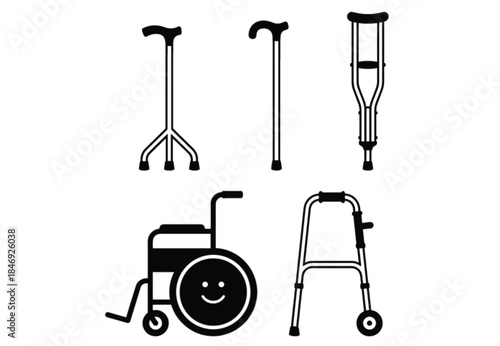 Set of medical mobility aids icons including cane, crutches, wheelchair, and walker, flat vector illustration for healthcare, rehabilitation, and disability support