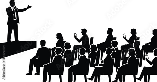 Silhouette businessman giving presentation to seated audience with smartphones symbolizing conference, seminar, leadership, public speaking, and modern business communication