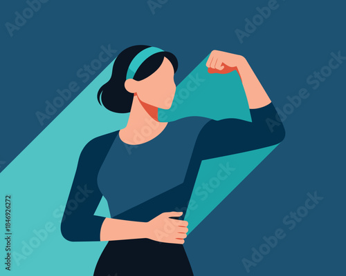 Confident woman flexing her arm muscle in a dynamic pose with green light