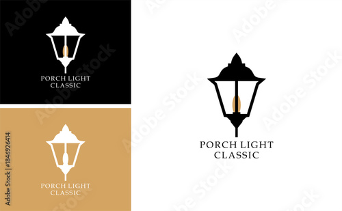 Porch light logo vector design with classic lantern lamp icon for exterior lighting home decor real estate and architectural branding identity