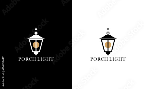 Porch light logo vector design with classic lantern lamp icon for exterior lighting home decor real estate and architectural branding identity