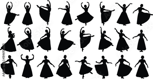 Ballet dancer silhouette set, female dance poses, classical performance motion, elegant dress movement, black art illustration collection