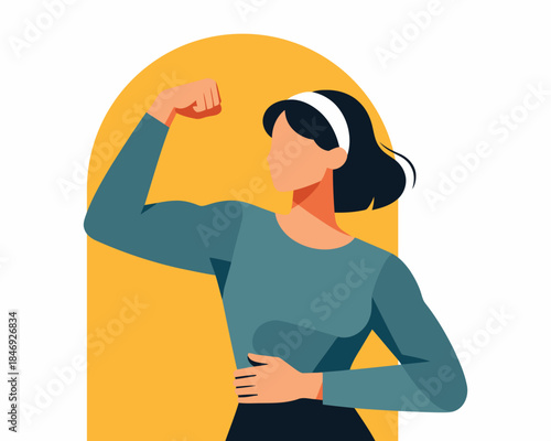 Confident woman flexing her arm muscles in front of yellow arch
