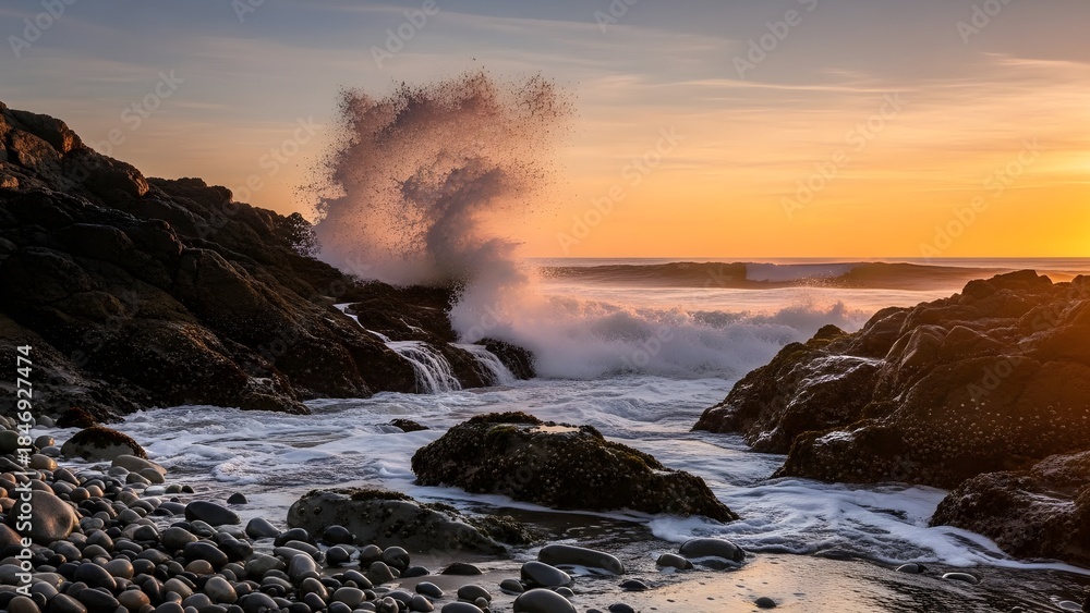 Fototapeta premium Storm clouds over the ocean and sea with dark waves along a rocky coastline at dusk