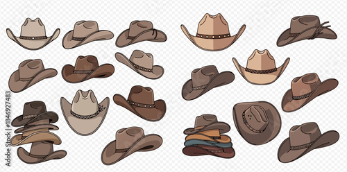 Collection of various cowboy hats in different shades of brown and beige, western style headwear.