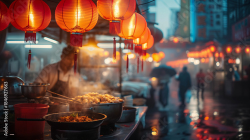 Steaming street food cooking in wok pan at night market with red lanterns for Chinese New Year festival concept