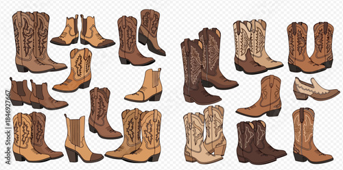 Collection of various brown and beige cowboy boots with intricate stitching designs.