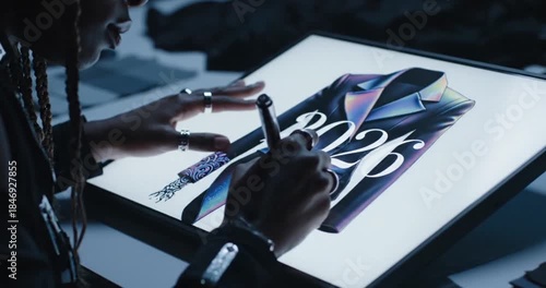Artist designs 2025 logo on digital tablet.