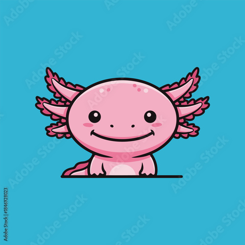 Smiling pink axolotl front view with blue background in a clean cartoon vector style. Perfect for children designs, apps, stickers, and playful illustrations