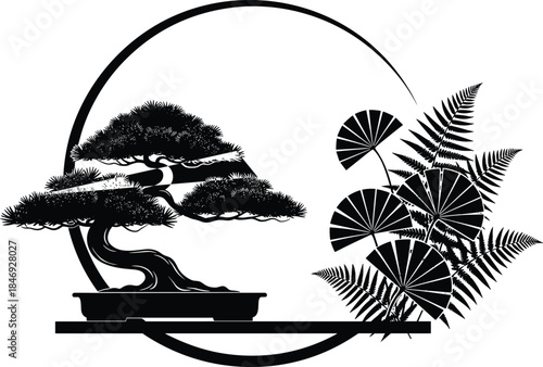 bonsai, tropical, plant, silhouette, fern, foliage, leaf, circular, frame, black, white, icon, illustration, vector, design, symbol, nature, decorative, botanical, harmony