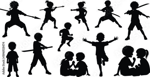 Children silhouette action poses, kids playing fighting martial arts, boy girl shadow figures, childhood activity, isolated black silhouettes