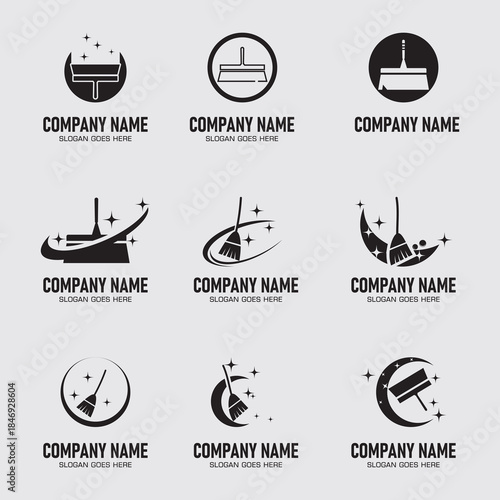 Collection of Cleaning Service Logos with Broom and Squeegee Icons