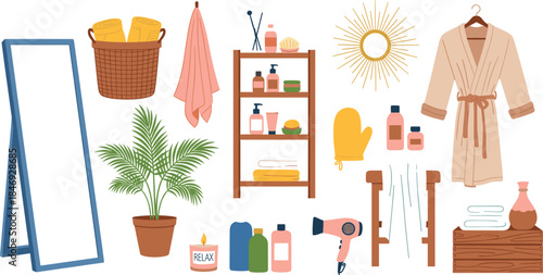 Vector Illustration Set for Modern Bathroom and Self-Care; Robe, Mirror, Towels, Shelves, Candles, Hair Dryer, and Plants for Home Interior Design.