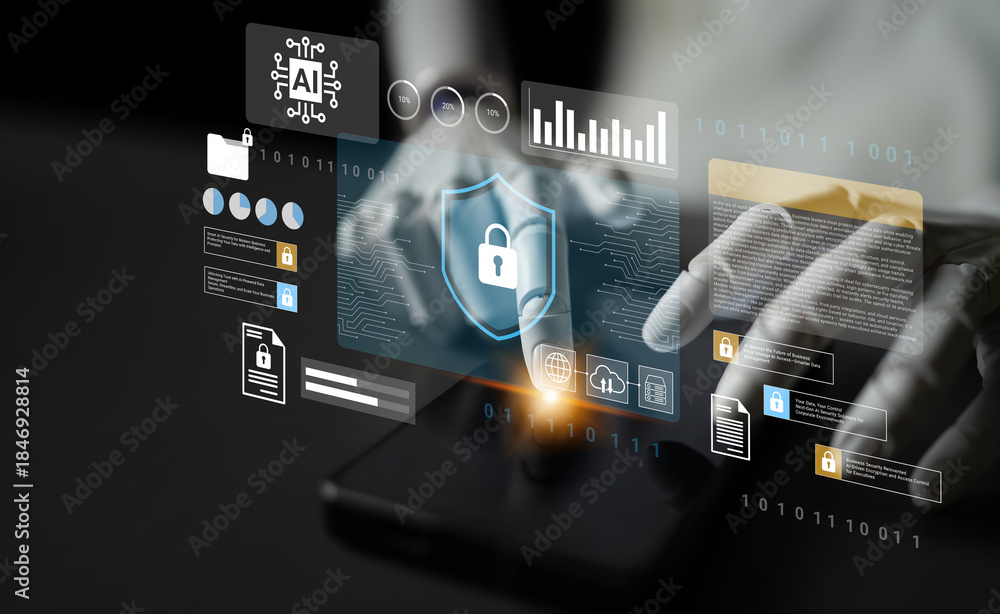 Fototapeta premium Explore a futuristic concept of cybersecurity featuring a digital lock and user interface that emphasizes data protection and AI interaction in a modern tech landscape. Gantry