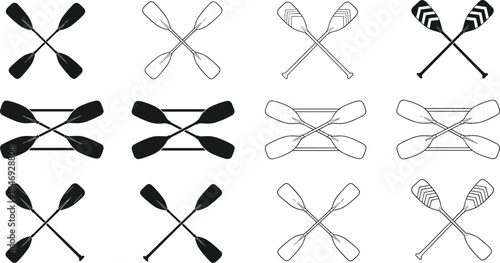 Crossed paddle icons, black silhouette set, water sports symbols, boating gear, minimal vector design, canoe, kayak, outdoor activity