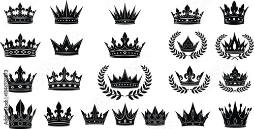 crown, icon, silhouette, royal, fleur-de-lis, diamond, laurel, spike, black, white, illustration, vector, design, symbol, regal, monarchy, luxury, authority, heraldry, elegance