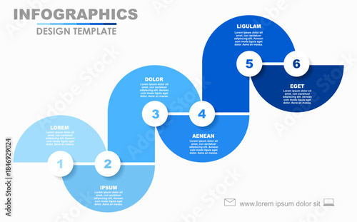 Six-step horizontal timeline infographic with circular segments, icons, and text. Vector illustration.