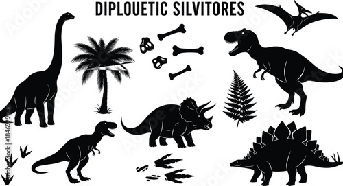 Dinosaur silhouettes collection, prehistoric animals, fossil bones, Jurassic creatures, vector illustration set, black dinosaur icons, ancient wildlife design