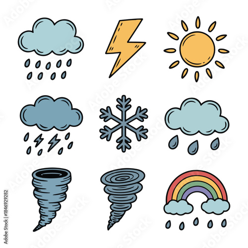 Weather Doodle Icon Collection: Sun, Rain, Snow, Storms, and Rainbow