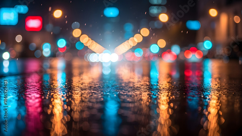 Abstract colorful bokeh of city street lights on wet asphalt for festive New Year party background and nightlife vibes.