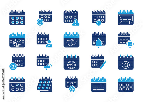Calendar thin solid icon set. Containing date, schedule, month, alert, week, appointment, organizer, event, planner, save the date