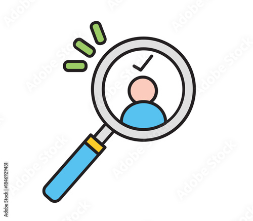 Candidate Search: An illustration depicting a magnifying glass focused on a person with a checkmark, symbolizing successful recruitment.