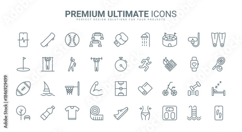 Sports workout thin line icons set vector illustration. Outline gym equipment for fitness exercises and yoga, shoes for running of athlete, health mobile app and scales to measure and control weight