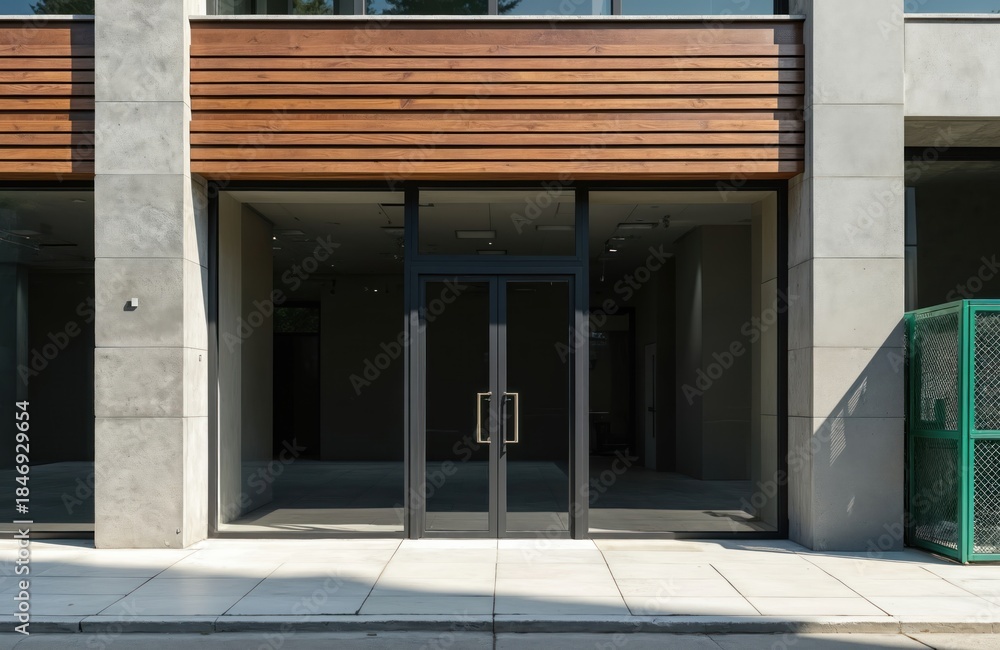 Fototapeta premium Modern storefront with concrete pillars and wood slats above large glass doors. Building facade combines classic and contemporary architectural elements. Empty interior visible through clear windows.
