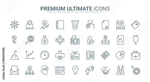 Business vision, success company mission thin line icons set vector illustration. Abstract outline office innovation in statistics system and target marketing, time management and finance projects