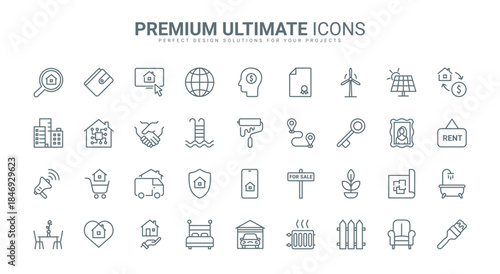 Real estate thin line icons set vector illustration. Outline rent, sale deals and mortgage contract for property, family home apartment and garage, search of houses, buildings in residential area