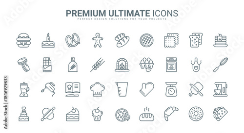 Bakery, confectionery thin line icons set vector illustration. Abstract outline sweet food collection with kitchen equipment to cook dessert and bake bread, sugar pictogram menu for restaurant or cafe