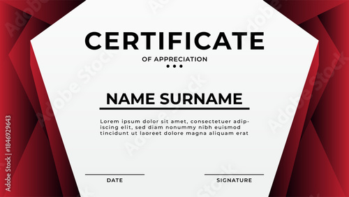 BUSINESS CERTIFICATE OF APPRECIATION BACKGROUND WITH GEOMETRIC SHAPES GRADIENT RED COLORFUL TEMPLATE DESIGN VECTOR 